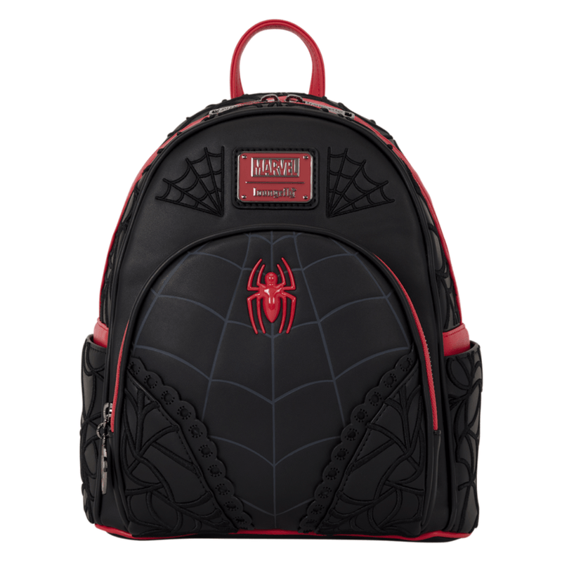 Loungefly Marvel Spider-Man black and red web mini backpack front view