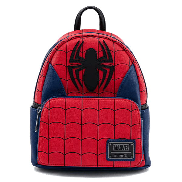 Front view of Loungefly Marvel Spider-Man Classic Mini Backpack with bold black spider emblem.

