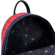 Interior lining of Loungefly Marvel Spider-Man Classic Mini Backpack with black spiderweb pattern.

