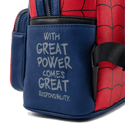 Close-up of quote “With great power comes great responsibility” on Loungefly Marvel Spider-Man Backpack.

