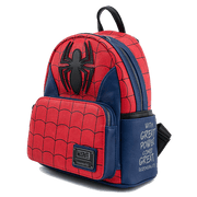 Side view of Loungefly Marvel Spider-Man Classic Mini Backpack with red and blue web design.

