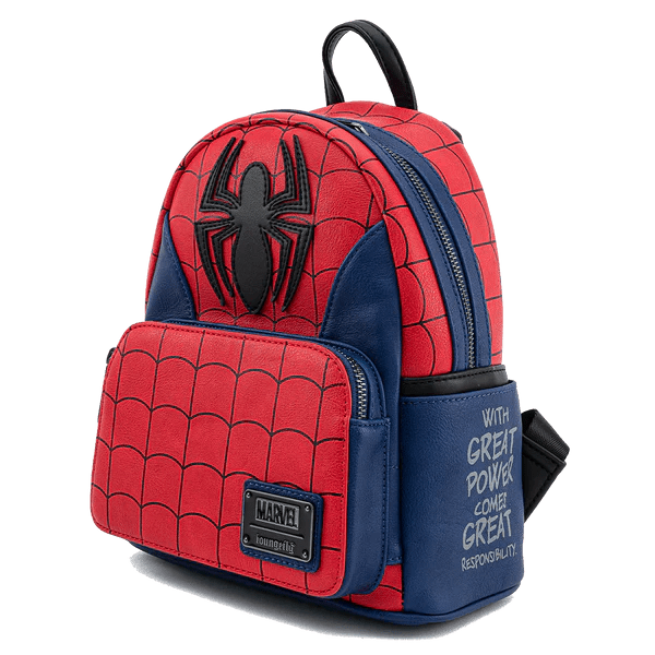 Side view of Loungefly Marvel Spider-Man Classic Mini Backpack with red and blue web design.

