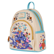 Angled view of the Loungefly Mickey and Friends Halloween mini backpack showing teal accents, front scene and side pocket art