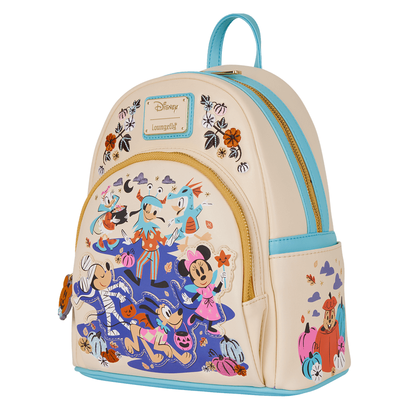 Angled view of the Loungefly Mickey and Friends Halloween mini backpack showing teal accents, front scene and side pocket art