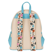 Back of the Loungefly Mickey and Friends Halloween mini backpack with printed pumpkin-floral straps and teal panels