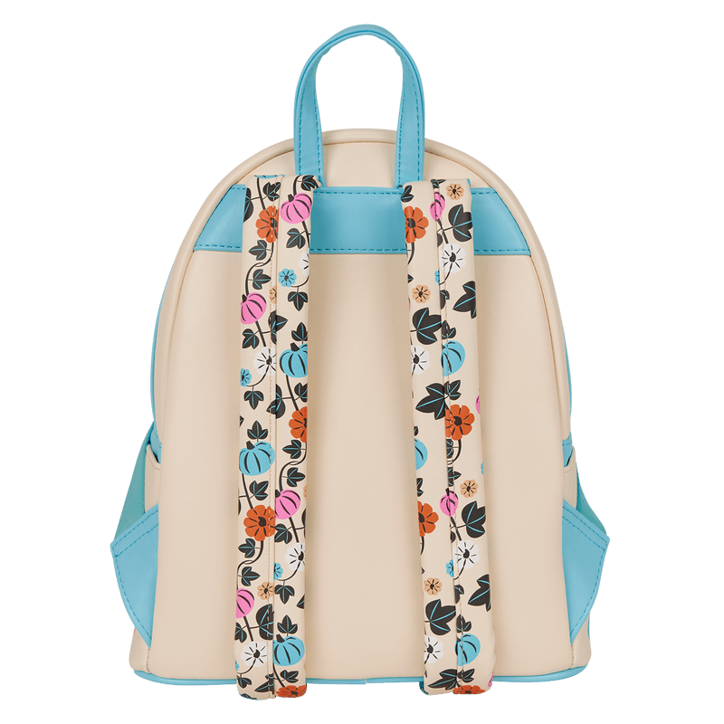 Back of the Loungefly Mickey and Friends Halloween mini backpack with printed pumpkin-floral straps and teal panels