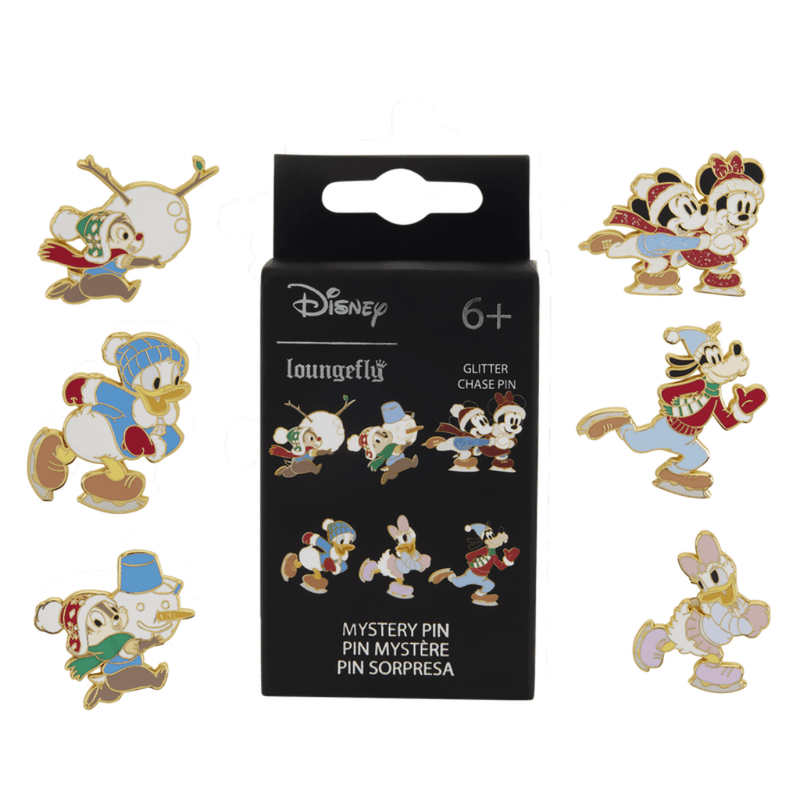 Disney Mickey and Friends Christmas Blind Box pins showing six collectable character designs