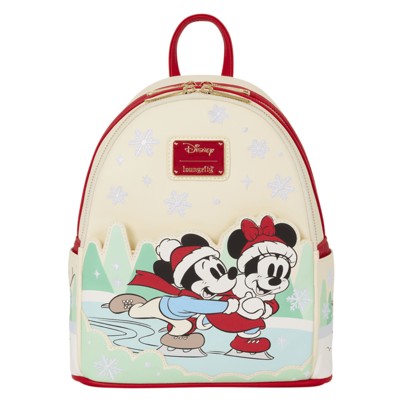 Loungefly Disney Mickey and Minnie Mouse Christmas Ice Skating Mini Backpack front view