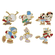 Six Loungefly Mickey and Friends ice skating mystery enamel pin designs including Mickey and Minnie glitter chase