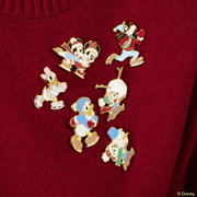 Loungefly Disney Christmas enamel pins featuring Mickey Minnie Donald Daisy Goofy Chip and Dale on red knitwear