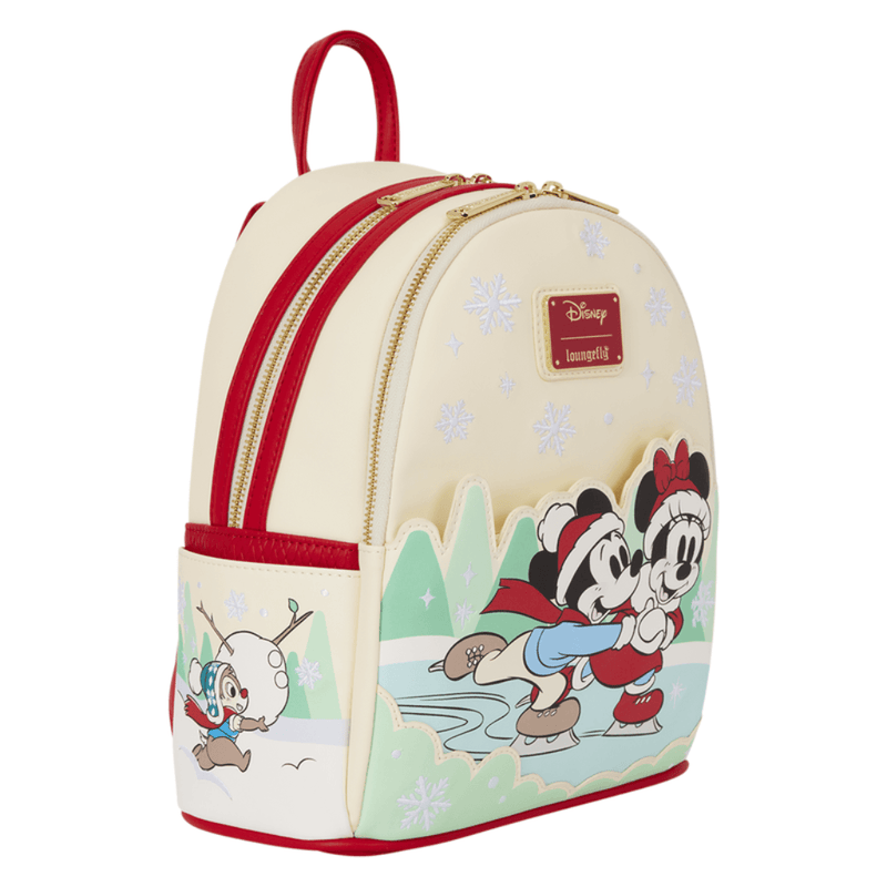 Angled view of Disney Mickey and Minnie Ice Skating Loungefly bag with cream and red detailing