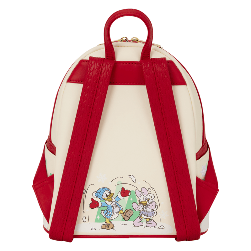 Back of Loungefly Disney Christmas Mini Backpack showing Donald and Daisy Duck and red shoulder straps