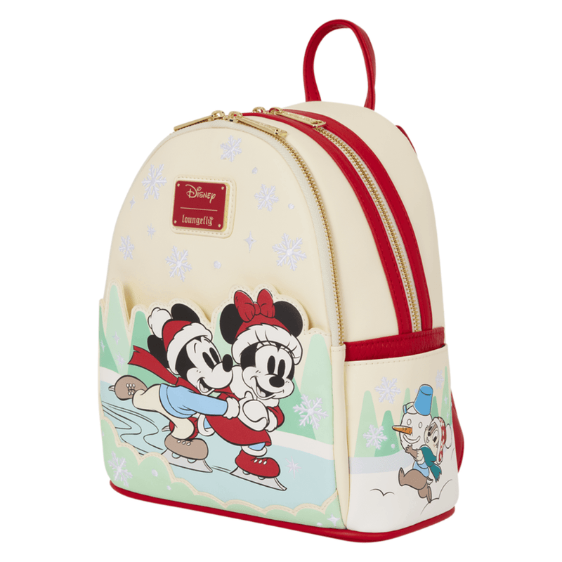 Side view of Loungefly Mickey and Friends Holiday Mini Backpack with snowy Chip and Dale artwork
