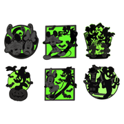 Six Loungefly Mickey and Minnie Ghost mystery pin designs showing glow-in-the-dark effect