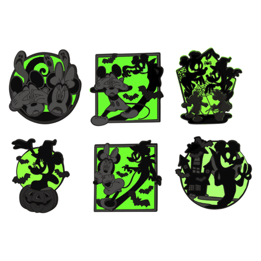 Six Loungefly Mickey and Minnie Ghost mystery pin designs showing glow-in-the-dark effect