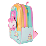 Left side view of Loungefly Minions Fluffy Unicorn mini backpack with striped pastel panels and minion unicorn art – Loungefly bag
