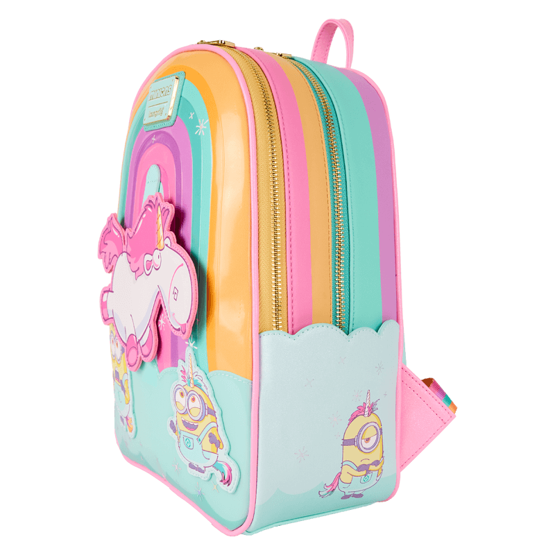 Left side view of Loungefly Minions Fluffy Unicorn mini backpack with striped pastel panels and minion unicorn art – Loungefly bag
