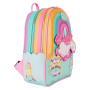 Right side view of Loungefly Minions Fluffy Unicorn mini backpack highlighting twin zips and shocked minion graphic – Loungefly backpack
