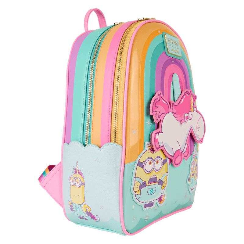 Right side view of Loungefly Minions Fluffy Unicorn mini backpack highlighting twin zips and shocked minion graphic – Loungefly backpack
