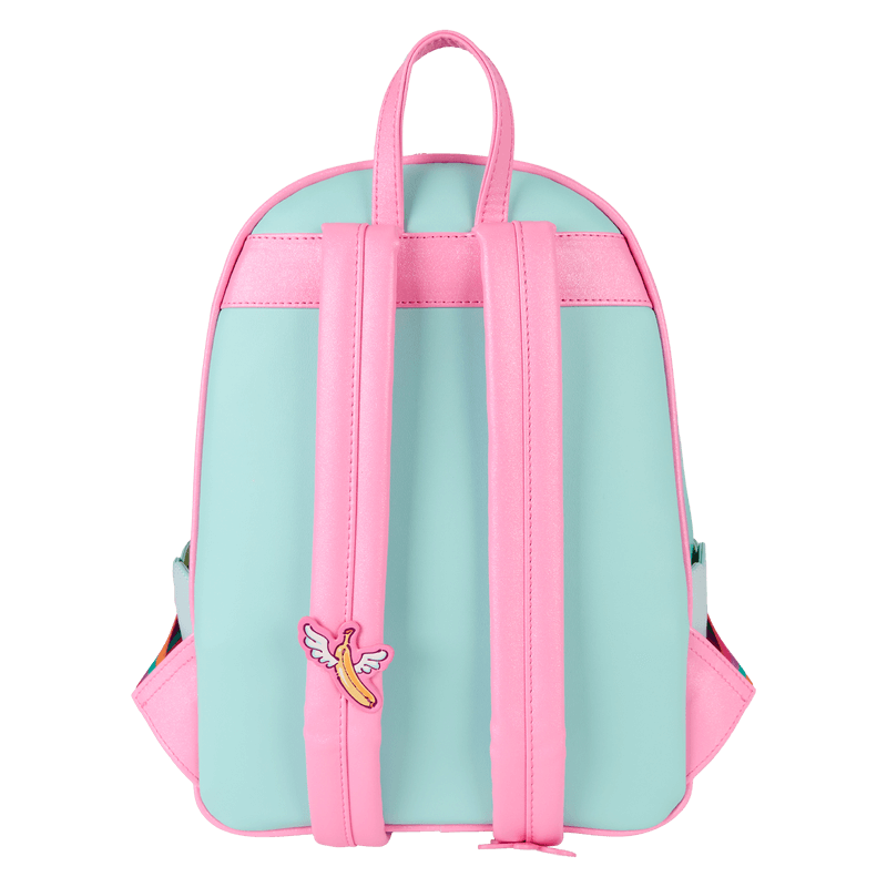 Back of Loungefly Minions Fluffy Unicorn mini backpack with mint panel, pink straps and winged banana charm – Loungefly backpack

