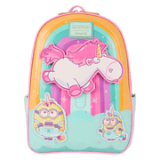 Front view of Loungefly Minions Fluffy Unicorn mini backpack with 3D unicorn and pastel rainbow design – Loungefly backpack
