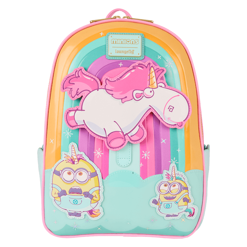 Front view of Loungefly Minions Fluffy Unicorn mini backpack with 3D unicorn and pastel rainbow design – Loungefly backpack
