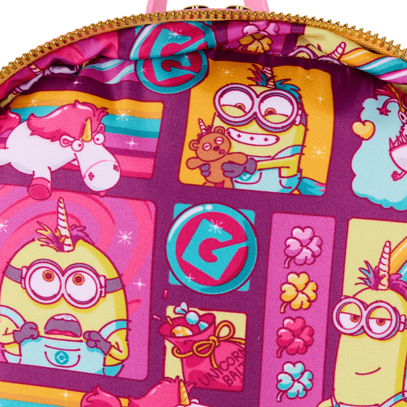 Interior lining of Loungefly Minions Fluffy Unicorn mini backpack featuring comic-style minion and unicorn prints – Loungefly bag detail

