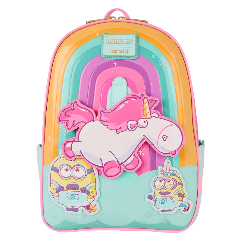 Alternate front of Loungefly Minions Fluffy Unicorn mini backpack, showing rainbow arches and cloud base – Loungefly bag

