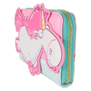 Side angle of Loungefly Minions Fluffy Unicorn wallet showing zip, pink unicorn appliqué and teal edge – Loungefly bag

