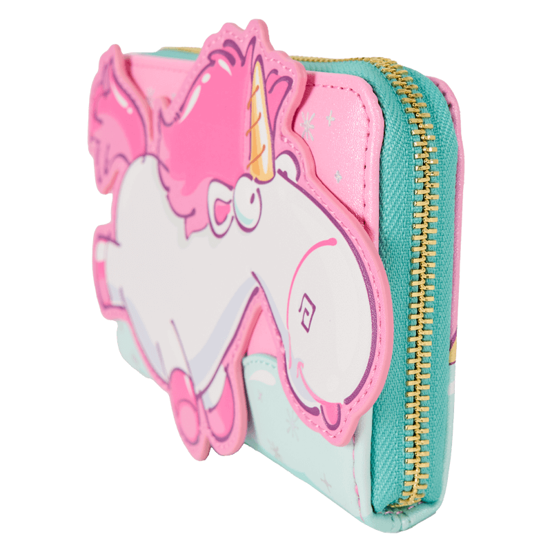 Side angle of Loungefly Minions Fluffy Unicorn wallet showing zip, pink unicorn appliqué and teal edge – Loungefly bag
