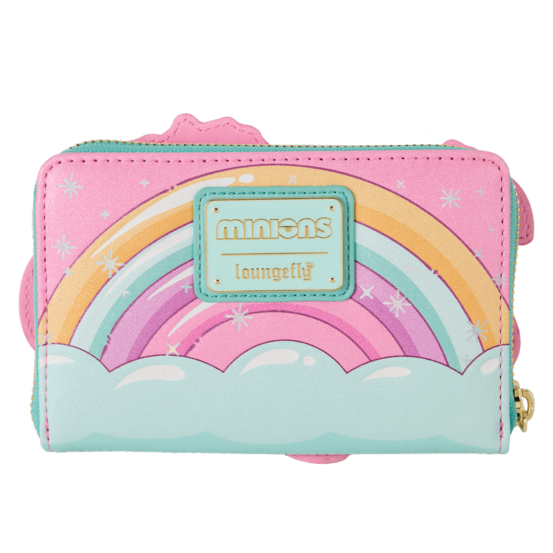 Back of Loungefly Minions Fluffy Unicorn wallet with pastel rainbow, cloud print and Loungefly plaque – Loungefly wallet
