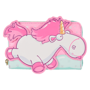 Front view of Loungefly Minions Fluffy Unicorn zip-around wallet with large unicorn appliqué – Loungefly bags
