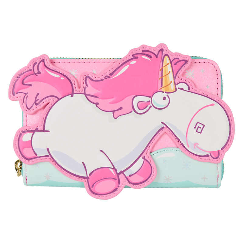 Front view of Loungefly Minions Fluffy Unicorn zip-around wallet with large unicorn appliqué – Loungefly bags
