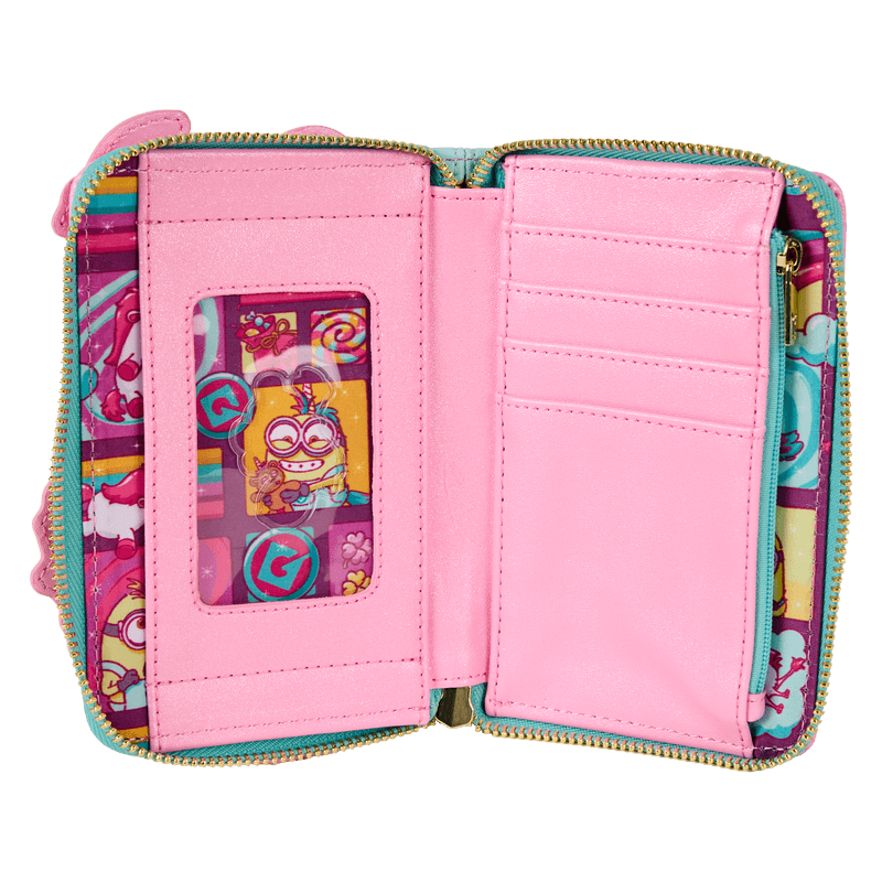 Interior of Loungefly Minions Fluffy Unicorn wallet, pink card slots, ID window and colourful minion lining – Loungefly bags
