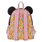 Back of Loungefly Minnie Mouse Halloween mini backpack with pink straps and all-over candy and pumpkin print