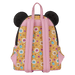 Back of Loungefly Minnie Mouse Halloween mini backpack with pink straps and all-over candy and pumpkin print