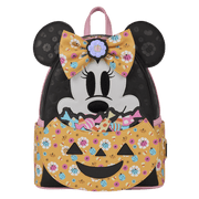 Straight-on front shot of Loungefly Disney Minnie Mouse Halloween mini backpack showing bow detail and candy-filled pumpkin pocket