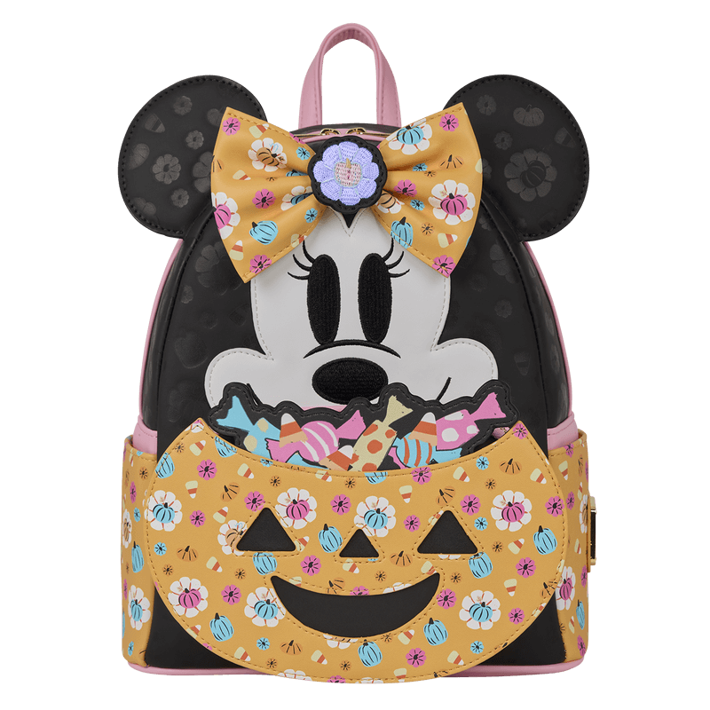 Straight-on front shot of Loungefly Disney Minnie Mouse Halloween mini backpack showing bow detail and candy-filled pumpkin pocket