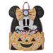 Straight-on front shot of Loungefly Disney Minnie Mouse Halloween mini backpack showing bow detail and candy-filled pumpkin pocket