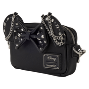 Angled view of the black Minnie Mouse Loungefly Crossbody Bag with bow, chains and studs