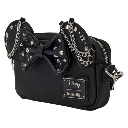 Angled view of the black Minnie Mouse Loungefly Crossbody Bag with bow, chains and studs