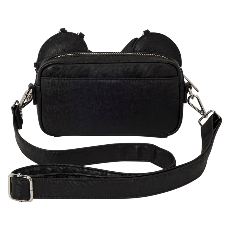 Back of the Loungefly Minnie Mouse Studs & Chains Crossbody Bag with adjustable strap