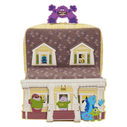 Front view of Loungefly Monsters University scare house mini backpack with character artwork