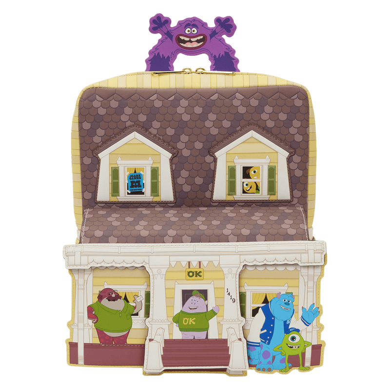Front view of Loungefly Monsters University scare house mini backpack with character artwork