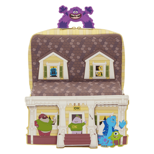 Front view of Loungefly Monsters University scare house mini backpack with character artwork