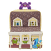 Front view of Loungefly Monsters University scare house mini backpack with character artwork