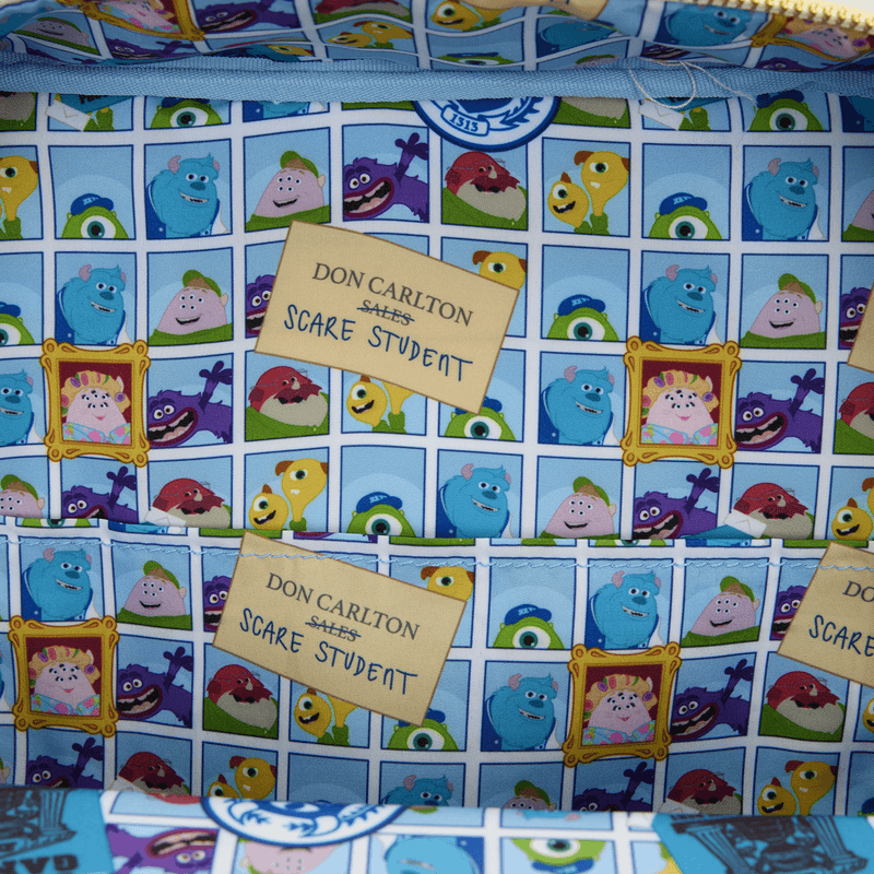 Interior lining of Loungefly Monsters University mini backpack with character print