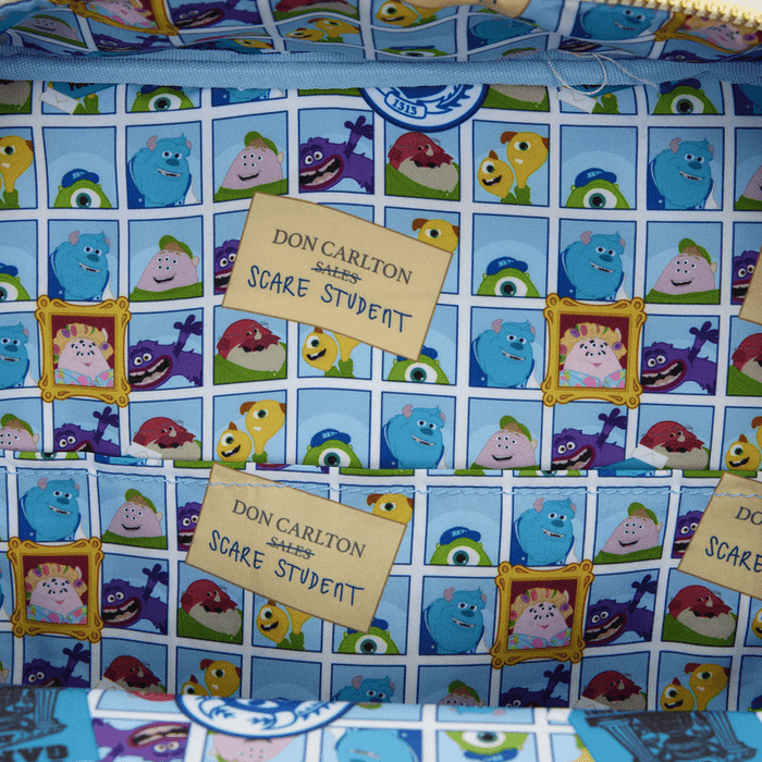 Interior lining of Loungefly Monsters University mini backpack with character print