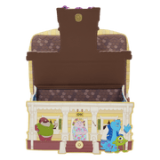 Open Loungefly Monsters University scare house mini backpack showing front flap pocket