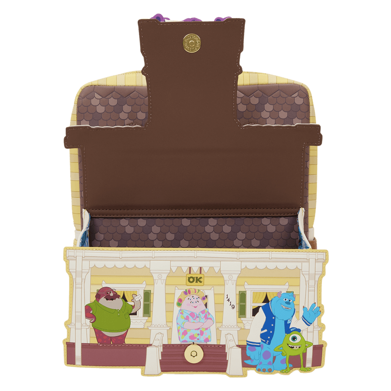 Open Loungefly Monsters University scare house mini backpack showing front flap pocket